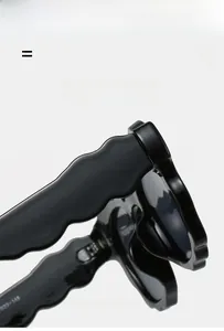 Close-up of flexible wavy temples on black resin sunglasses with printed specifications