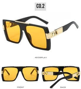 Detailed views of square sunglasses with yellow lenses and gold metal infinity hardware