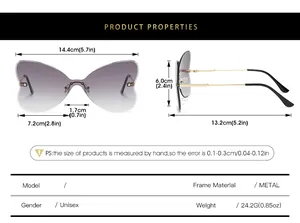 Size chart for rimless butterfly sunglasses with detailed frame and lens measurements