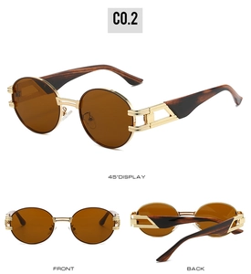 Vues détaillées de lunettes de soleil steampunk avec monture dorée et branches en bois