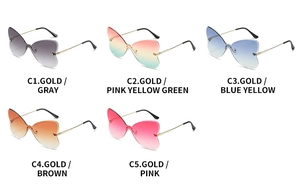 Macro shot of five rimless butterfly sunglasses with metallic temples in assorted color lenses