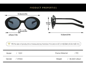 Size chart for round sunglasses with frame dimensions and product specifications in English