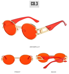 Vue sous trois angles de lunettes de soleil ovales vintage avec monture dorée et verres oranges