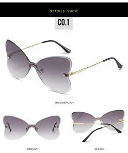 Three-view display showing frameless butterfly sunglasses with gradient purple lenses