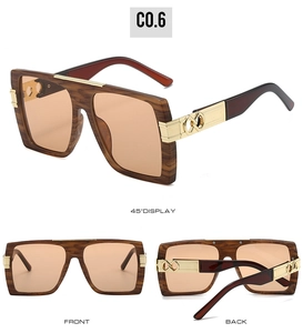 Detailed views of square wood-grain sunglasses with tinted lenses and gold accents
