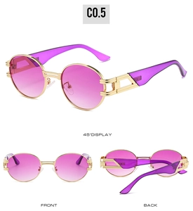 Détail des lunettes de soleil ovales avec monture dorée et verres dégradés violets