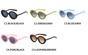 Detailed grid showing five oval sunglasses in black, green, blue, pink, and leopard frame colors