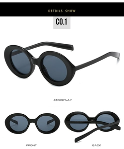 Detailed views of black oval sunglasses featuring dark blue lenses and CE marking