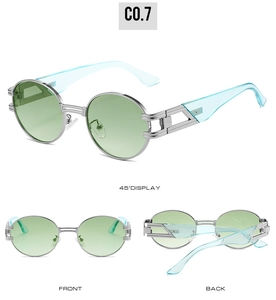 Trois vues de lunettes de soleil ovales rétro avec monture argentée et verres verts