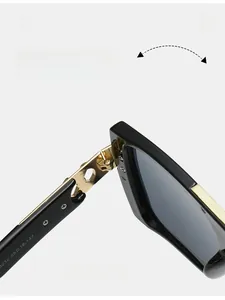 Close-up of premium metal hinge and product specifications on black square sunglasses