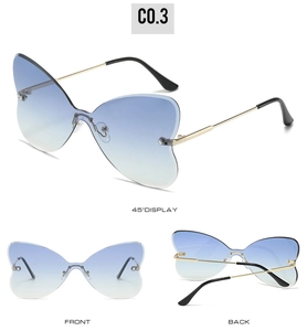 Three-view display of rimless butterfly sunglasses with blue to yellow gradient lenses
