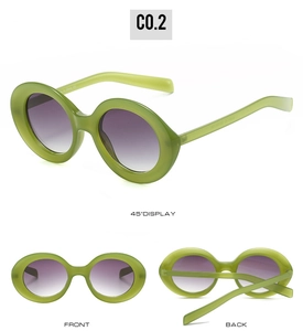 Three views of retro round sunglasses featuring translucent green frames and purple lenses