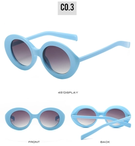 Three-angle views of sky blue oval sunglasses with purple gradient lenses and thick frames