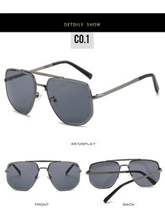 Detailansichten der quadratischen Pilotenbrille mit dunkelgrauen Gläsern und Metallrahmen