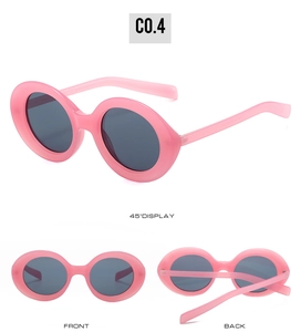 Three-angle view of pink oval thick-frame sunglasses with dark grey UV lenses