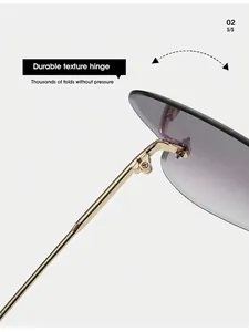 Detail of high-quality metal hinge and gradient purple lens on rimless butterfly sunglasses