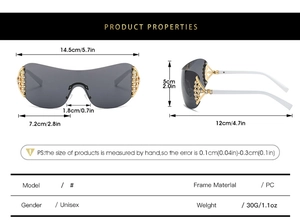 Detailed technical drawing and size parameters of Y2K rimless sunglasses for women