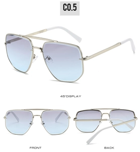 Detailansicht der quadratischen Metall-Sonnenbrille mit Verlaufsgläsern und Silberrahmen