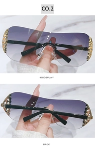 Detail of gradient purple oversized rimless sunglasses with rhinestone hollow gold arms