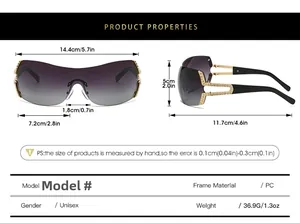 Size chart showing 14.4cm width and 11.7cm arm length for PC fashion sunglasses