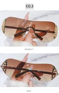 Detail of gradient brown frameless sunglasses with side rhinestones and tortoise temples