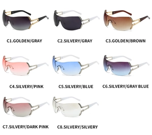Detail view of Y2K wrap-around sunglasses with rhinestone nose bridge in eight colors