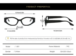 Size chart for vintage cat eye PC glasses showing frame dimensions and weight details