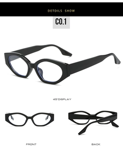 Detail showing front, back and 45-degree angle of black cat-eye polygon frame glasses
