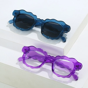 Women's wavy frame sunglasses in translucent blue and purple with unique wavy design