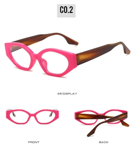 Three-way view of pink geometric cat-eye glasses with leopard print arms and C0.2 lens