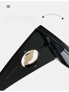 Détails macro des charnières métalliques et du logo doré sur des lunettes de soleil noires