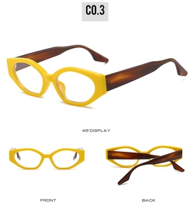 Three-angle views of retro cat eye glasses with yellow frames and tortoiseshell temples