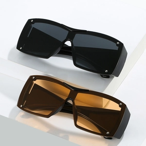 Y2K oversized shield sunglasses with silver rivet accents in black and brown colors