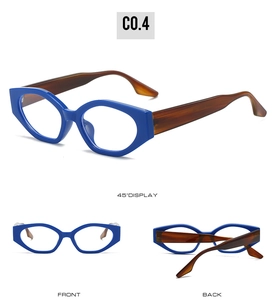 Three-way view of retro cat-eye glasses with blue frame and amber temples