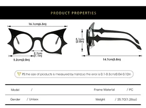Size chart for bat wing glasses frame showing total width lens height and PC material info