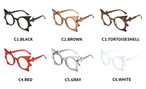 Detailed display of six colorful bat-shaped oversized frames in various fashion colors