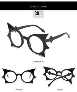 Detailed views of oversized bat-wing glasses frames with silver decorative studs
