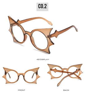 Three perspectives of amber bat shaped oversized cat eye glasses showing front and back