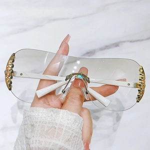Y2K rimless oversized sunglasses with crystal rhinestones and white temples for women