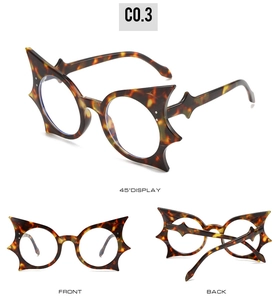 Three-angle views of oversized tortoiseshell bat-shaped cat-eye glasses frames