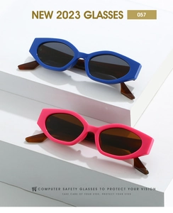 Détail de lunettes de soleil œil-de-chat bleues et roses avec branches en écaille de tortue
