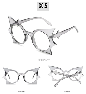 Macro view of translucent grey bat-shaped glasses with gothic spikes from multiple angles