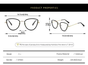Size chart showing metal cat eye frame dimensions including 14.7cm width and 25.8g weight