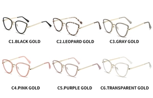 Collage of cat-eye metal glasses frames in black, leopard, gray, pink, purple, and clear gold