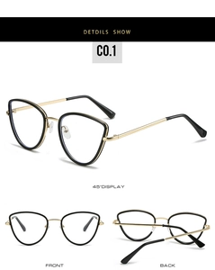 Three-angle view of cat-eye frames with black rims and slim golden metal temples