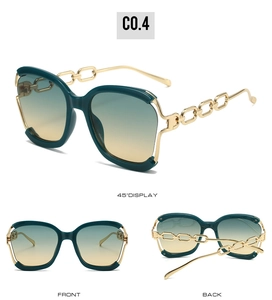 Trois vues de lunettes de soleil oversize avec monture verte et branches chaîne dorée