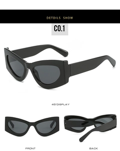 Vues détaillées de lunettes de soleil œil-de-chat noires avec verres gris foncé et monture épaisse