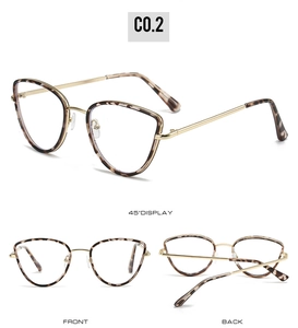 Detailed views of tortoise shell cat-eye metal glasses frames with golden accents