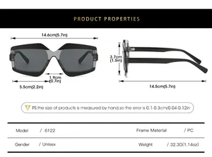Size guide for geometric sunglasses showing dimensions, frame width, and PC material specs