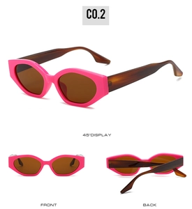 Trois perspectives de lunettes de soleil œil de chat avec monture rose et verres bruns